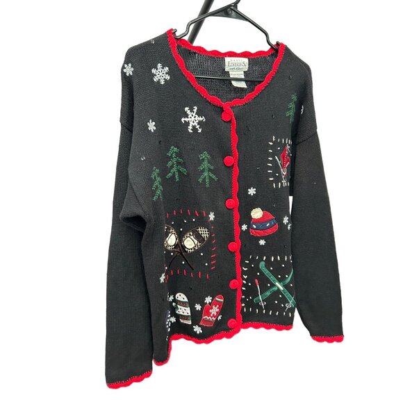 Vintage Basic Editions Holiday Sweater Black Red Trim Sz M Winter Design - Picture 3 of 8